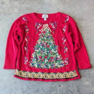 Vintage Tiara Red Knit Christmas Tree Embroidered Sweater size XL
